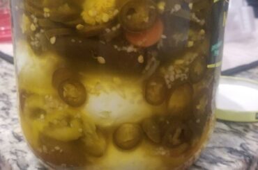 Spicy pickled eggs. Best accompanied with a cold, cheap beer