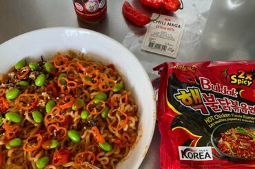 Quick lunch. 1 egg in the stir fry, and soybeans. Ghost pepper gave a longer lasting burn