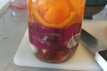 Garlic, red onion, bell pepper and carolina reaper. Let fermentation begin!