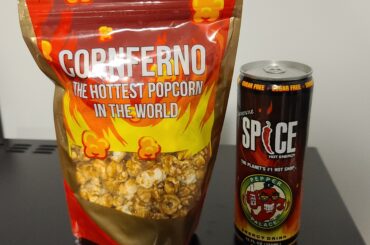 The popcorn is decently hot and tasty at first, but the aftertaste is terrible! Both are from Pepper Palace