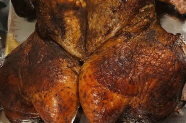 Smoked Jamaican Jerk Chicken loaded with chocolate habanero's in the marinade. Even the crispy skin is burning my mouth!!