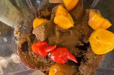 Homemade jerk paste with 4 scotch bonnets and 2 peculiar looking habaneros