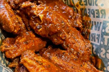 These aren’t really what I’d consider “hot” but these are by far one of my favorites when I want takeout with a little heat. Wingstop Atomics, all flats of course.
