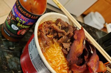Fried up some bacon and leftover beef to eat with spicy ramen