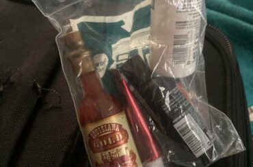 About to fly out of town for a few days. Gotta put liquids in the bag! Glad Louisiana hot sauce makes an air travel size bottle haha