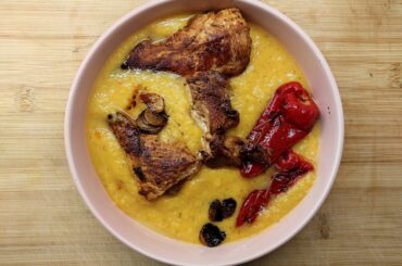 Butternut squash soup with grilled chicken and red jalapeno.