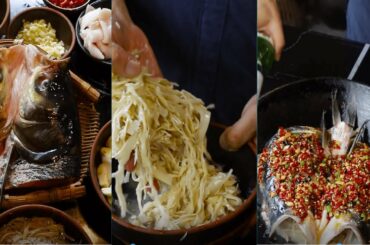 The traditional chopped pepper fish head is steamed ginger garlic onion  chili sauce the fish head