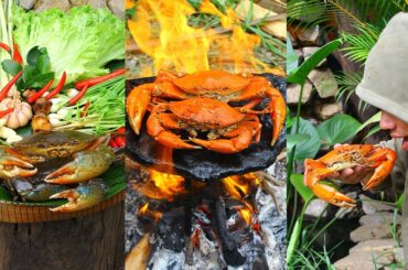 Cooking Crabs BBQ on Rock eating with Chili Sauce So Delicious - Cook Crabs Seafood Recipe
