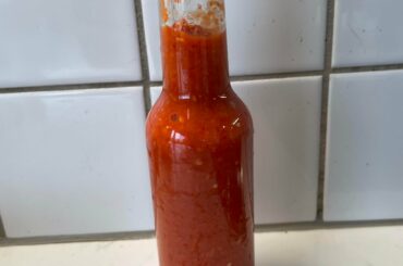 Made some sauce of my own. 0.75dl sorbus berry mash, 50g Ghost pepper, 50g Reaper, 0.5dl apple vinegar, one teaspoon salt