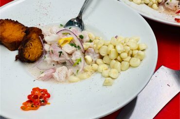 Ceviche- North Carolina- Lima Fusion. Morehead City Grouper, Fresh Lime, Sea Salt, Cilantro, Garlic, Red Onion, Homegrown: Aji Amarillo, Brazilian Starfish, Aji Lemon Drop, Aji Charapita, Local Sweet Potato, Peruvian Corn.