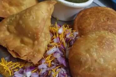 [Home made Indian Street Food] Known as Kachori And Samosa with Green Sauce Onion