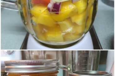 Mango habanero hot sauce! Made fresh salsa before but this is my first hot sauce! Excited to try it once it cools down! It smells awesome!