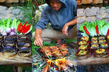 Roasted Crabs BBQ Chili Recipe - Cooking Crabs bbq on Rock Eating So Yummy with Salad Chili