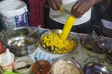 easy salad recipe :sweetcorn, street food, onion, peanut, leaves and chili, sweetcorn chaat,
