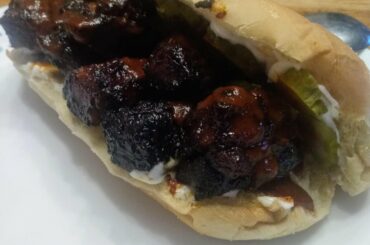 Burnt ends hoagie with mayo and spicy pickles. Also cheater Carolina reaper BBQ I whipped up.