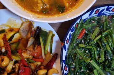 I told my Thai wife I was in the mood for spicy tonight. She did not disappoint. Dish names in the comments.