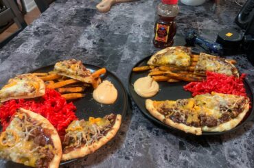 Behold tonight’s dinner! Sweet potato fries with hot Cheetos Mac and bbq nann bread pizza with Habaneros!!!