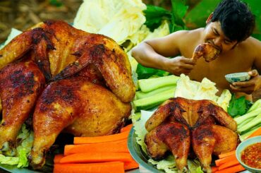 Survival Cooking Skill | FULL CHICKEN ROASTED | Fry Chicken Recipe with Carrot,Cucumber,Chili Sauce