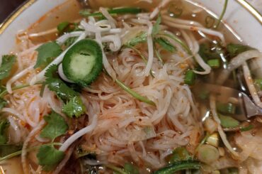 Perfect food for while sick. Beef pho with chili oil, jalapenos, lime, and the usuals