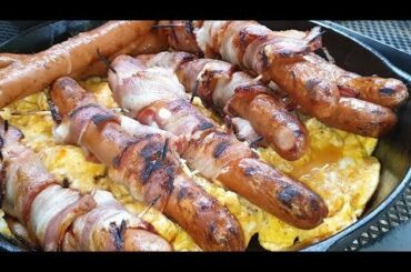 Scrambled Eggs with Bacon wrapped Jalapenos Cheese Sausages