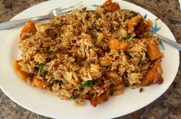 Spicy Thai basil fried rice with crispy pork belly