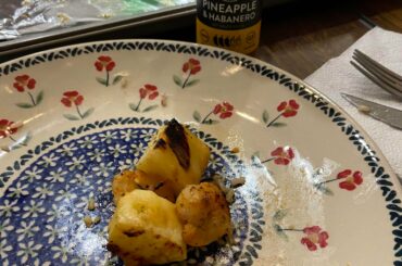 Grilled spicy garlic and lime pineapple shrimp with Bravado hot sauce (highly recommend)