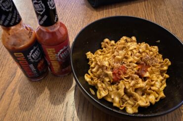 First thing on the list after coming home from holidays at the in-laws’ with capsaicin withdrawal tearing at my limbs. Instant mala noodles (brand: Grandma’s Noodles, great stuff) with added Szechuan pepper and a hearty dash each of Hot-Headz Scorpion and Reaper sauces.