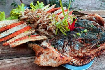 Monster Deep Fried Salmon Head Recipe Eating with Spicy Chili