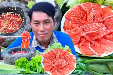 ASMR MUKBANG | Very Delicious Eating Salmon Fish With Hot Spicy Chili Sauce Recipe-Sea Food