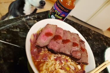 Doge pretending not to notice spicy steak ramen lol