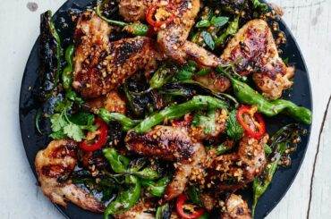 Grilled Chicken Wings with Shishito Peppers and Herbs