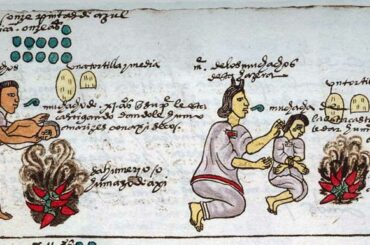 An image from the Aztec Codex Mendoza showing a couple of parents punishing their children by helding them directly over smoking chillies. From an early age, kids would learn to do daily chores at home but if they are lazy or they misbehave, they could be punished in a variety of ways [860x385]