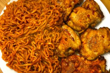 Korean style chicken thighs (chillis, ginger, pepper, sesame) with Buldak Hot Samyang noodles