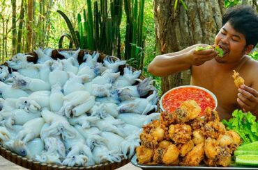 Survival Cooking Skill | Deep Fry Squid Crispy For Food Eating With Hot Chilli Sauce Recipe.