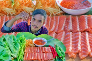 Yummy cooking and eating salmon fish with chili sauce salad recipe - Sea food