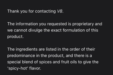 When asking why ‘v8 spicy’ is spicy when there’s no peppers in its ingredients