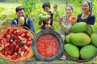 Fun time eating - Pick fresh mulberry and mango dipping spicy chili salt and palm sugar chili eating