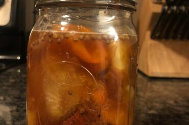 3% brine ferment with Carolina Reapers, habaneros, onion, garlic, and Coriander seeds