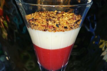 Berry Bomb Dessert Shot: strawberry Carolina reaper coulis, vanilla Fireball pudding (w/ a touch of black pepper), vanilla cayenne cookie crumble