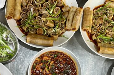 Beef lumpia w/ chili garlic peanut sauce for family meal. Kain tayo!