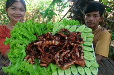 Amazing Bukbang Yummy Grilled Squid Chili Sauce Vegetable.