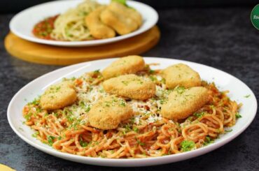 Red Sauce Spaghetti with Nuggets Recipe by SooperChef (Ramzan Recipes)