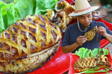 Mouth Watering Grilled Squid BBQ Eating with Hot Chili Sauce So enjoy