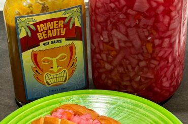 Hot Dog perfection: habanero-pickled red onion and Inner Beauty.