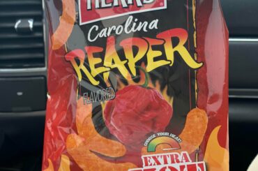 Herr’s Reaper cheese curls. They are actually a cheese puff and exactly what you might think of a cheaper gas station find claiming to be a reaper product. Not much heat (3/10), decent flavor (5/10).