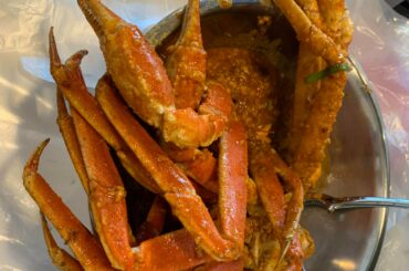 Snow crab legs from EM sea food. I ordered medium with EM sauce, but it is already very hot. I usually can tolerate very spicy food.