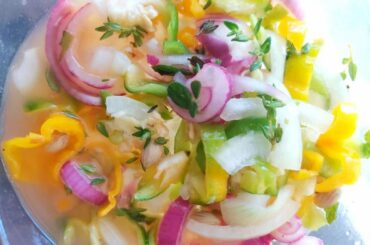 Habaneros roughly chopped, red onions, salt, vinegar and lime juice.