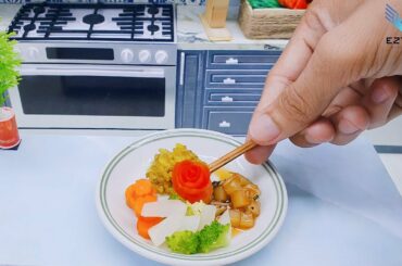 Miniature Stir Fried Potatoes with Boiled Vegetables and Turmeric Fried Rice Recipe / ASMR Mini Food