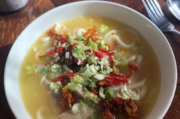 Ginger and garlic chicken broth and udon with fried garlic and chilli topping/oil. Something healing about this when I’ve got a cold
