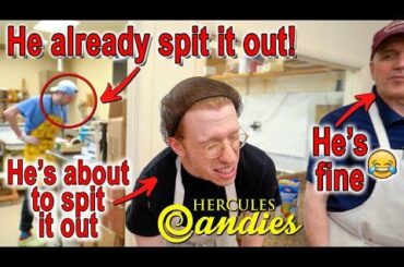 Making ghost pepper hard candy. It's funny how their reactions are different